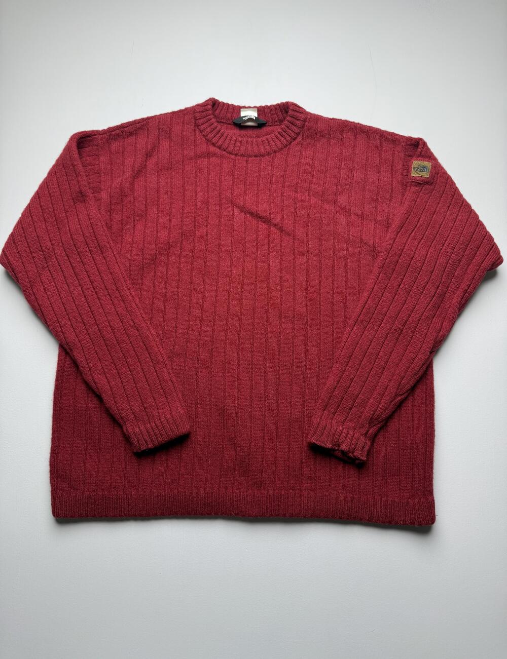 The North Face Sweater Mens Large Red Ribbed Knit Crewneck Pullover Logo Patch